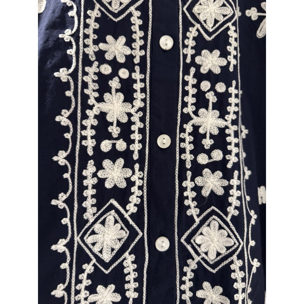 Frisqie Embroidered Cotton Tunic Dress Womens Medium Navy White Boho Long Sleeve - Picture 2 of 7